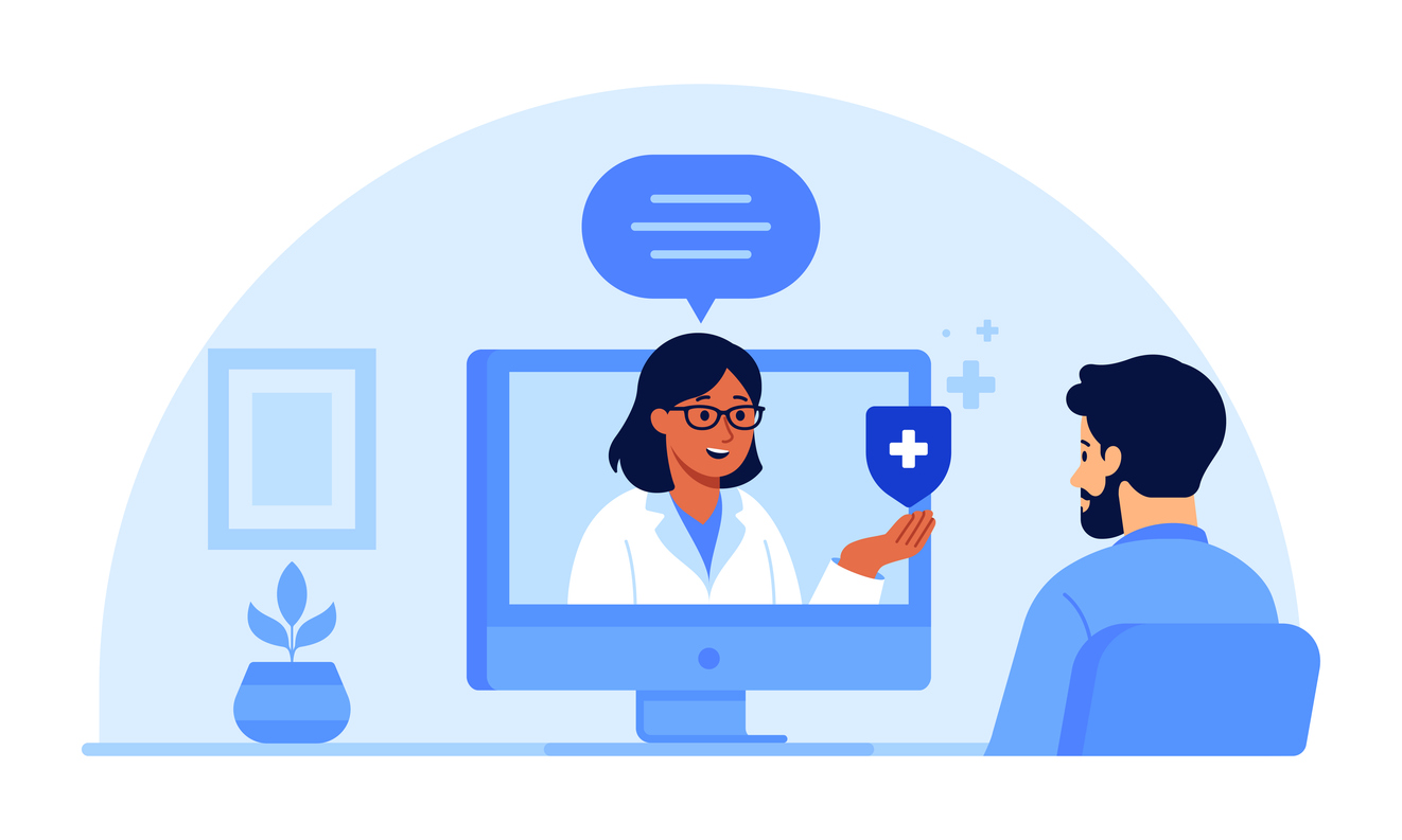 Doctor consulting patient through computer screen during video call. Telemedicine, telehealth, remote healthcare, medical consultation, digital medicine. Flat illustration isolated on background